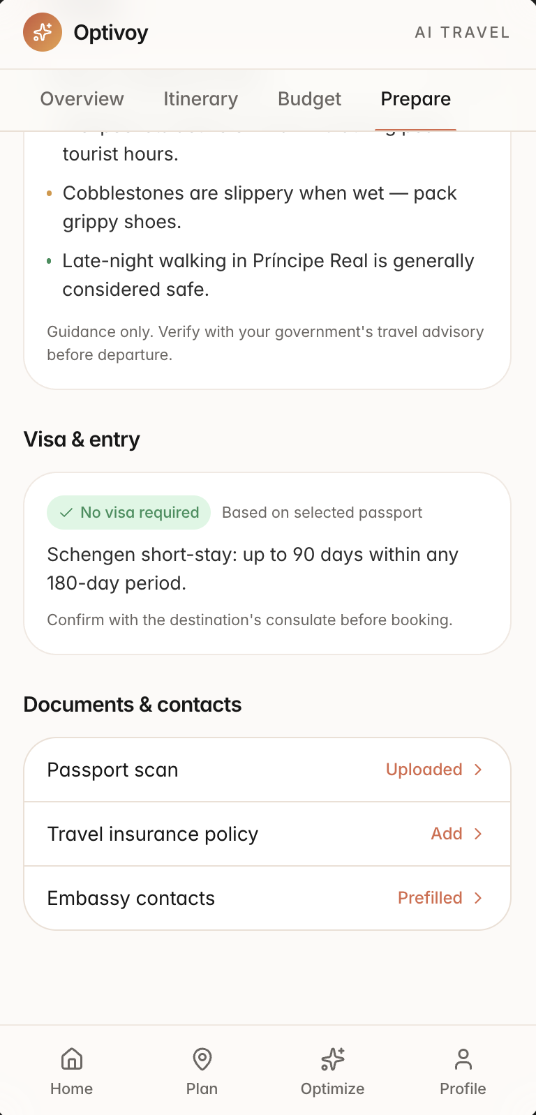 Prepare tab: safety notes, visa and entry status from the stored passport, and documents and contacts